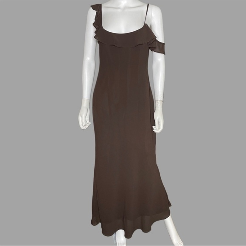 Forever 21 CaféChiffon Off The Shoulder‎ Ruffle Trim Asymmetrical Midi Dress
